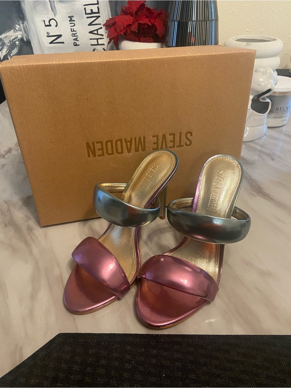 Steve Madden Iridescent Pink and Green Double-Strap Slide Heels